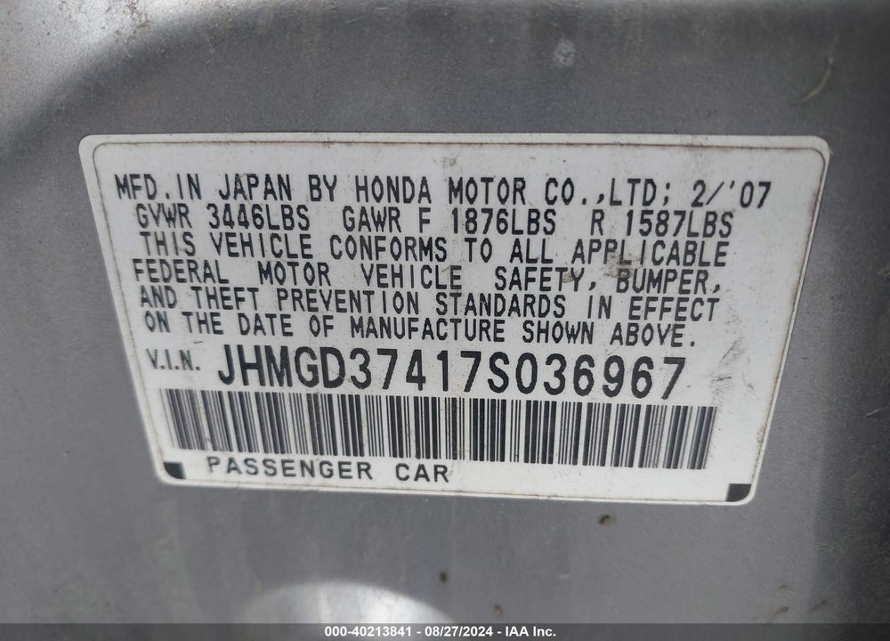 2007 HONDA FIT VIN: JHMGD37417S036967
