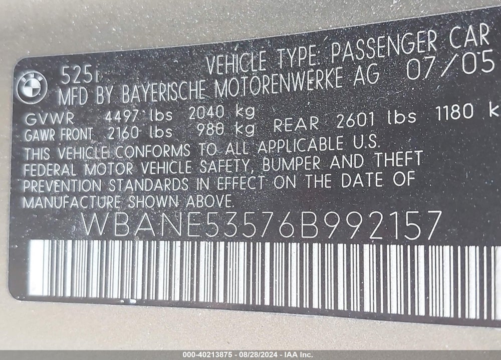 2006 BMW 525I VIN: WBANE53576B992157