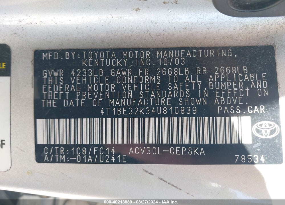2004 TOYOTA CAMRY SE VIN: 4T1BE32K34U810839