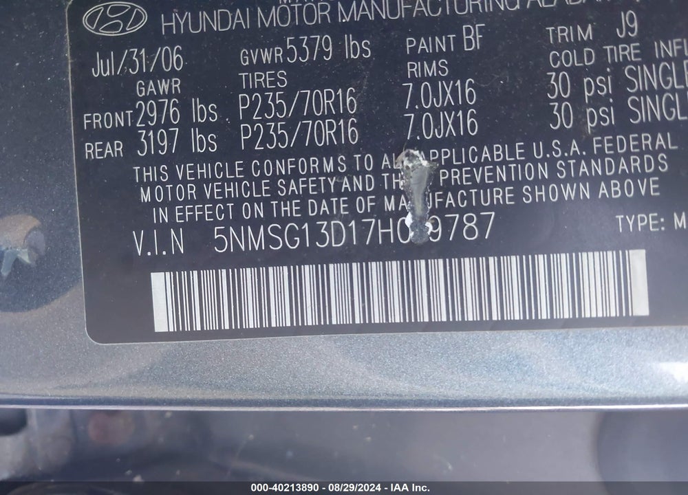 2007 HYUNDAI SANTA FE GLS VIN: 5NMSG13D17H019787