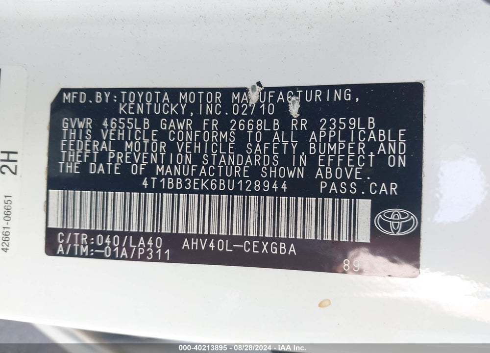 2011 TOYOTA CAMRY HYBRID VIN: 4T1BB3EK6BU128944