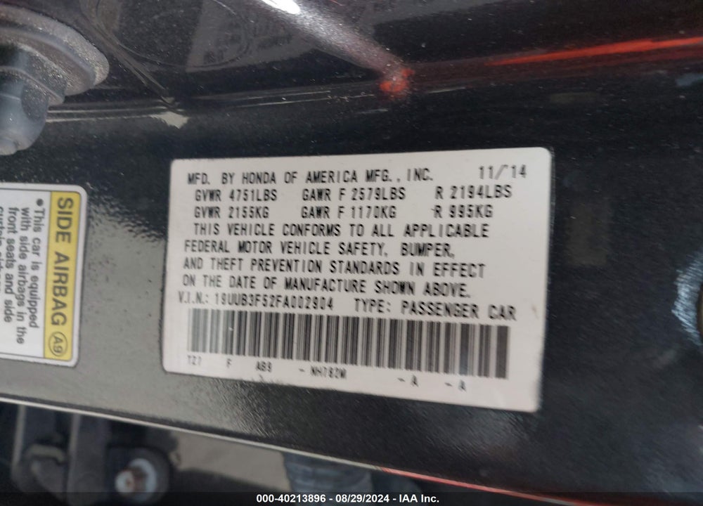 2015 ACURA TLX V6 TECH VIN: 19UUB3F52FA002904