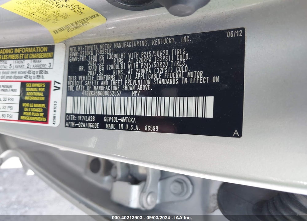2013 TOYOTA VENZA LIMITED V6 VIN: 4T3ZK3BB6DU052557