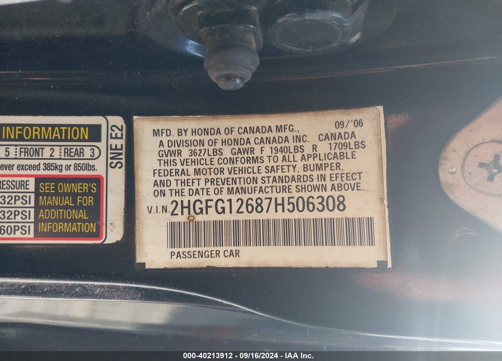 2007 HONDA CIVIC LX VIN: 2HGFG12687H506308