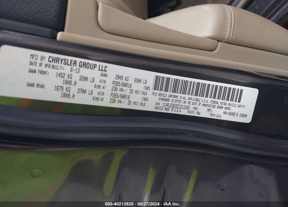 2014 JEEP GRAND CHEROKEE LIMITED VIN: 1C4RJEBG5EC212281