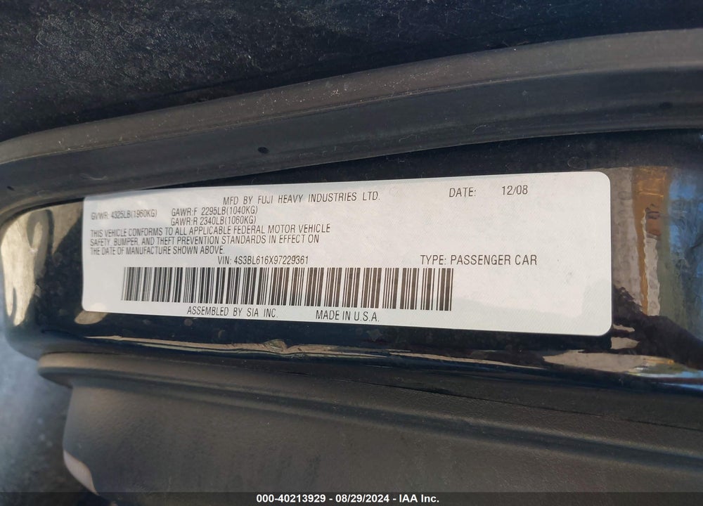 2009 SUBARU LEGACY 2.5I VIN: 4S3BL616X97229361