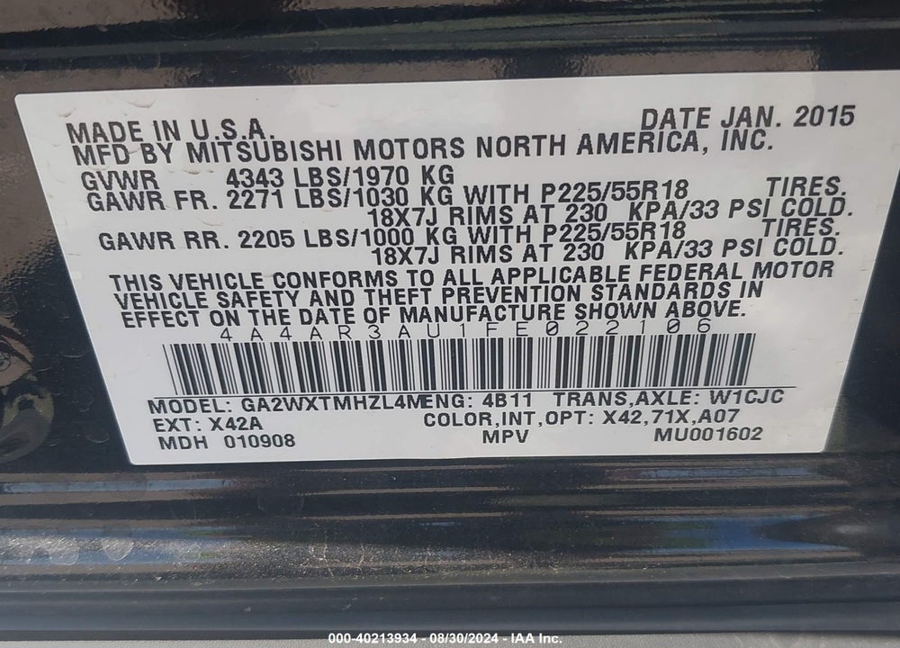 2015 MITSUBISHI OUTLANDER SPORT ES VIN: 4A4AR3AU1FE022106