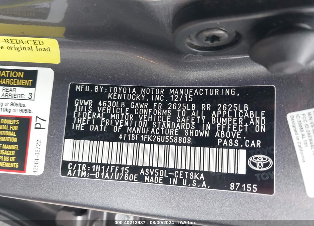 2016 TOYOTA CAMRY SE VIN: 4T1BF1FK2GU558808