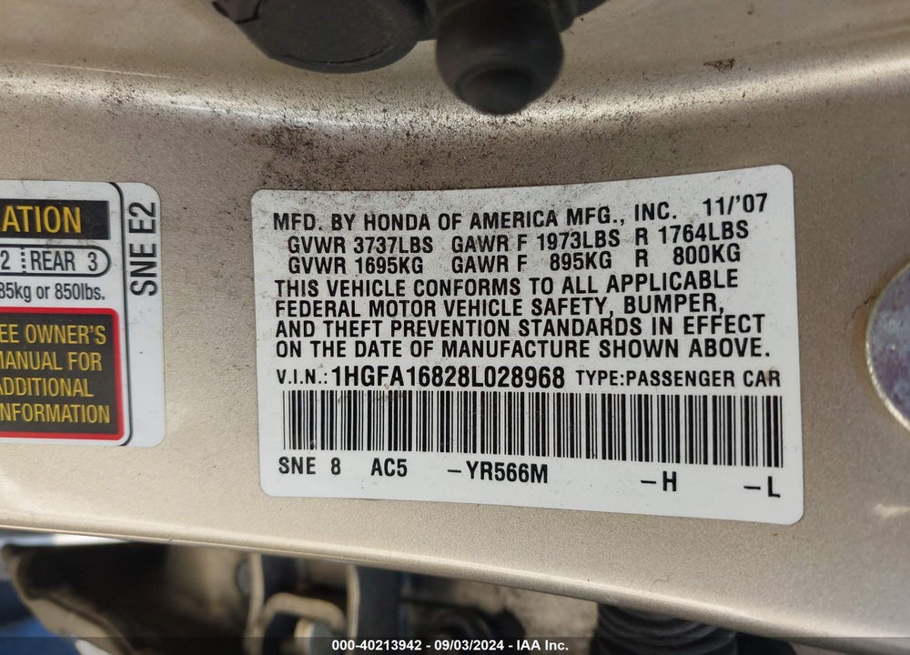 2008 HONDA CIVIC EX VIN: 1HGFA16828L028968