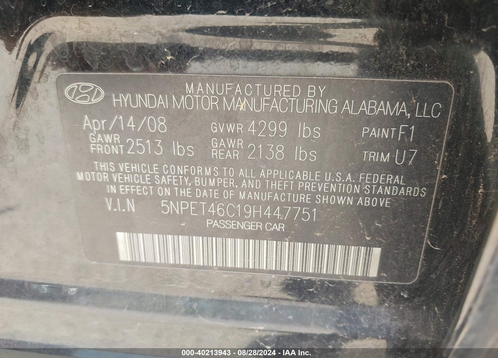 2009 HYUNDAI SONATA GLS VIN: 5NPET46C19H447751
