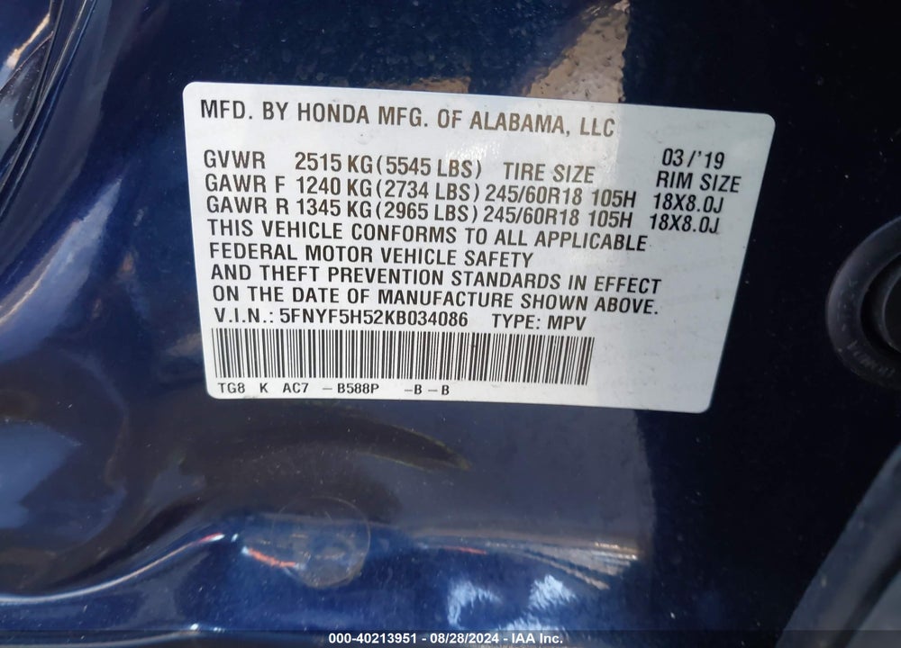 2019 HONDA PILOT EX-L VIN: 5FNYF5H52KB034086