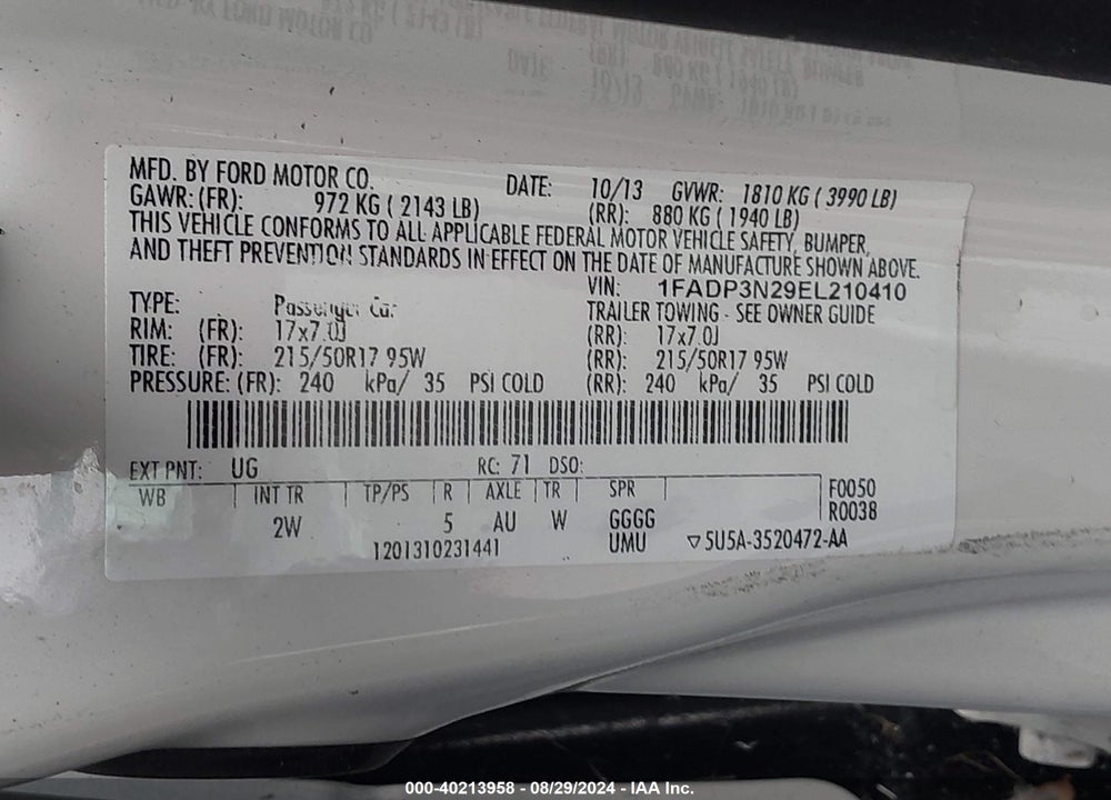 2014 FORD FOCUS TITANIUM VIN: 1FADP3N29EL210410