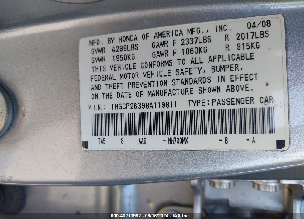 2008 HONDA ACCORD 2.4 LX VIN: 1HGCP26398A119811
