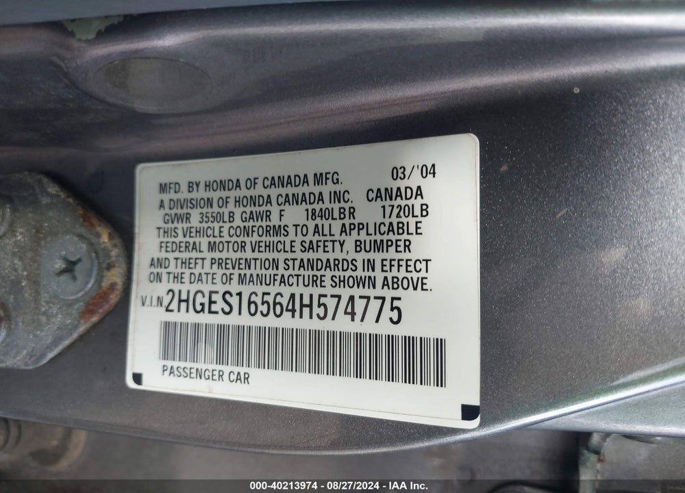 2004 HONDA CIVIC LX VIN: 2HGES16564H574775