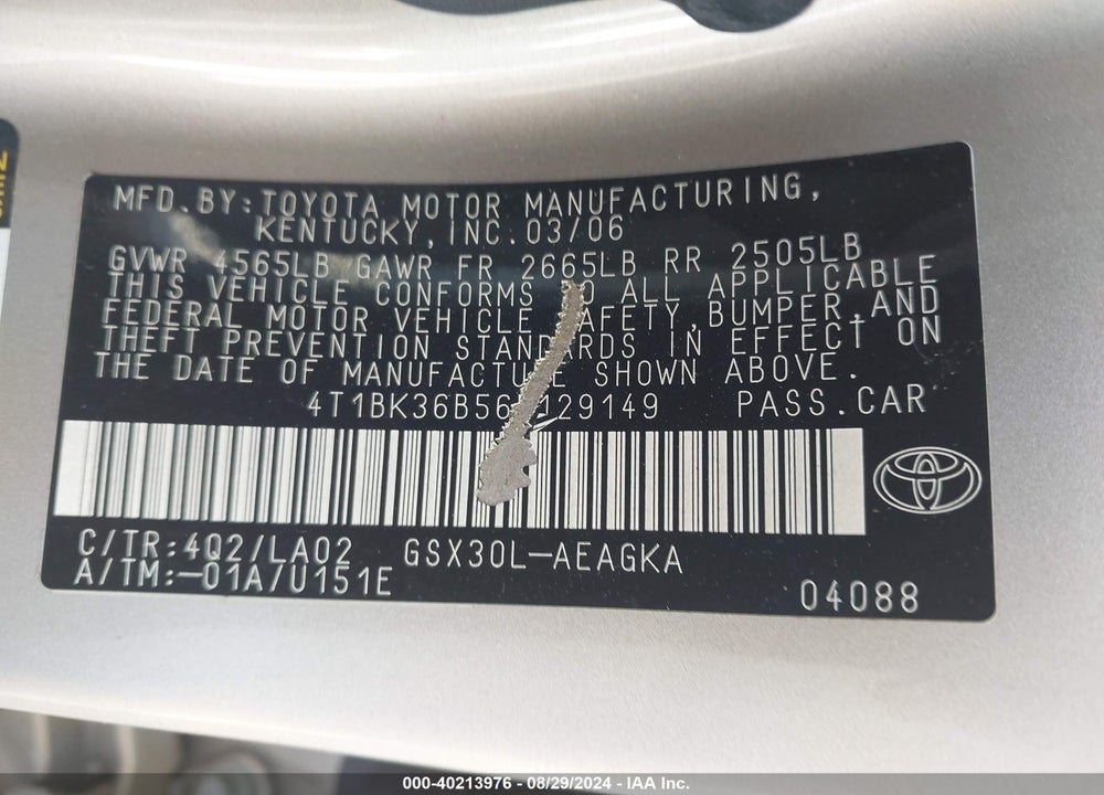 2006 TOYOTA AVALON XLS VIN: 4T1BK36B56U129149