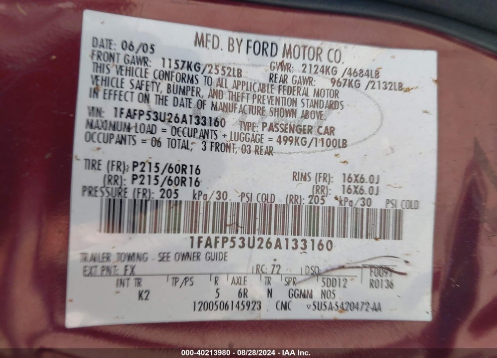 2006 FORD TAURUS SE VIN: 1FAFP53U26A133160