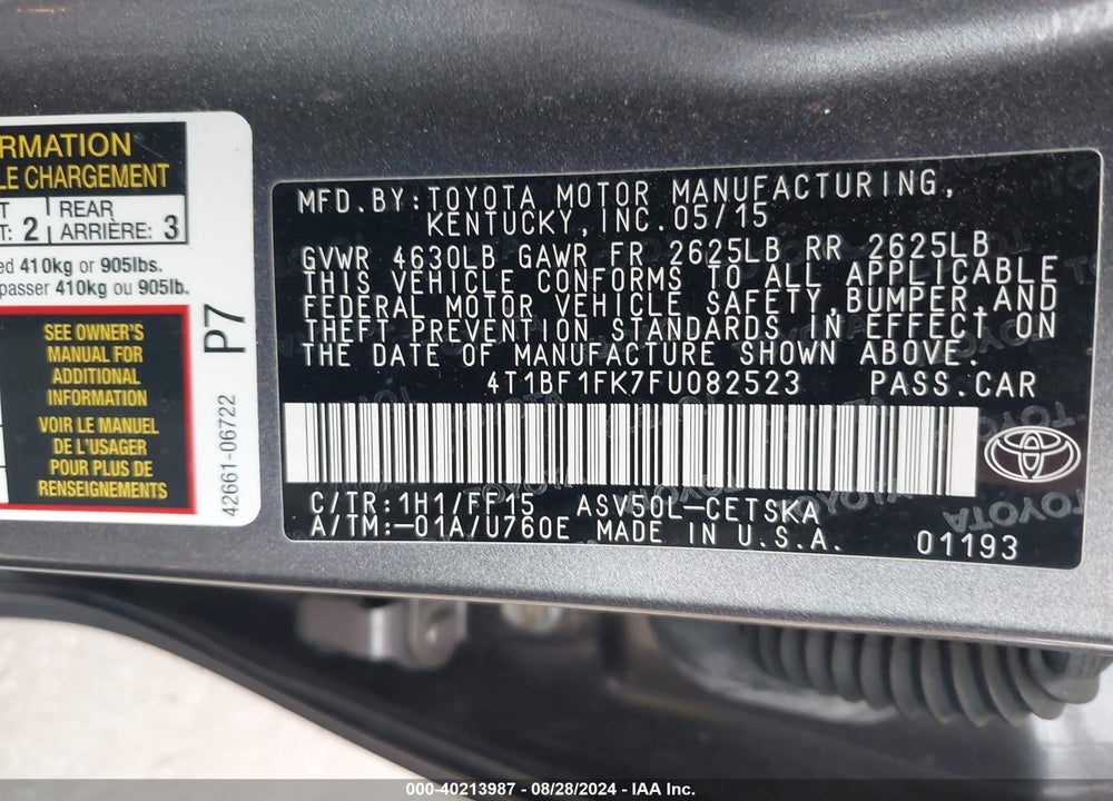 2015 TOYOTA CAMRY SE VIN: 4T1BF1FK7FU082523