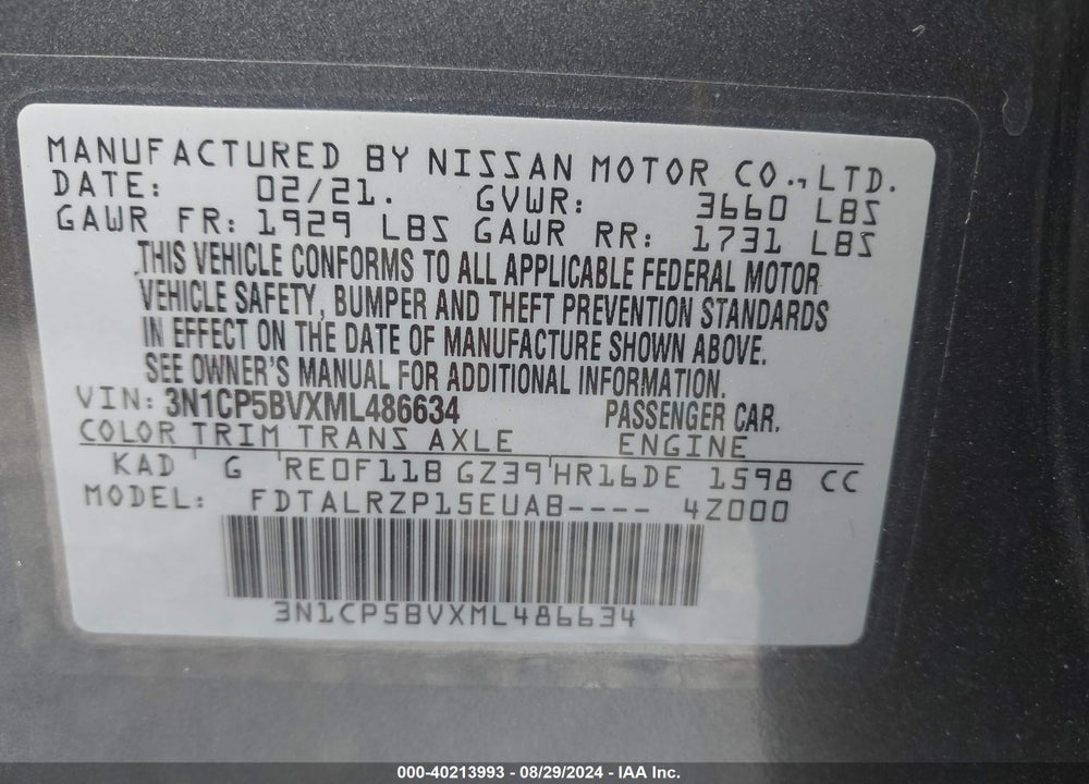 2021 NISSAN KICKS S XTRONIC CVT VIN: 3N1CP5BVXML486634
