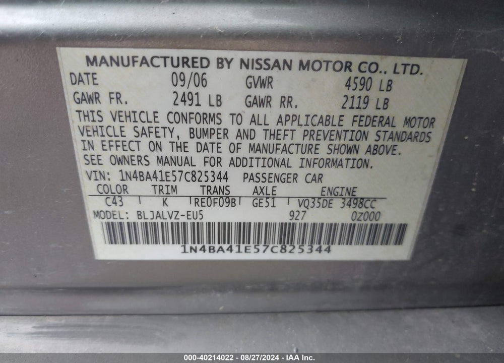 2007 NISSAN MAXIMA 3.5 SE VIN: 1N4BA41E57C825344