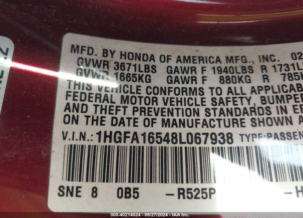2008 HONDA CIVIC LX VIN: 1HGFA16548L067938