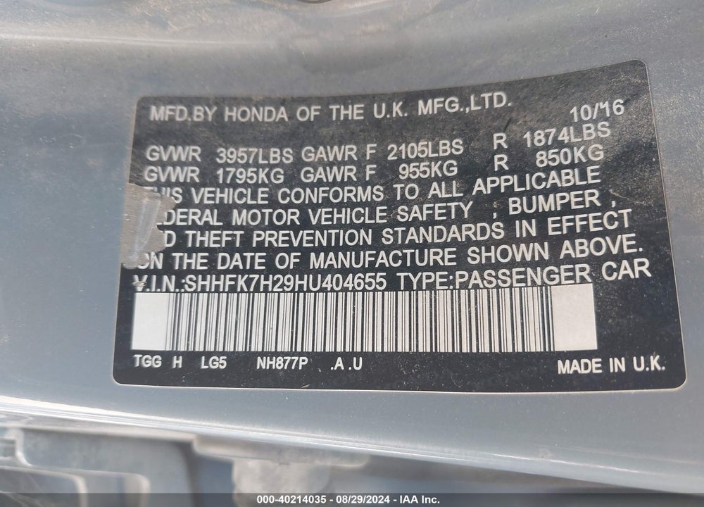 2017 HONDA CIVIC LX VIN: SHHFK7H29HU404655