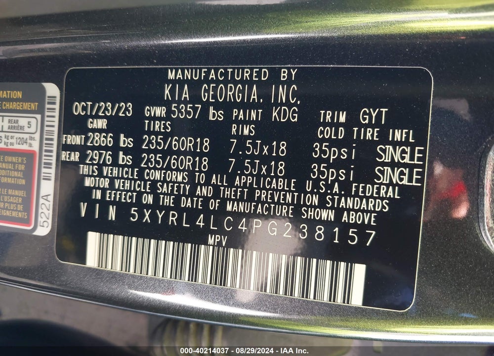 2023 KIA SORENTO S VIN: 5XYRL4LC4PG238157