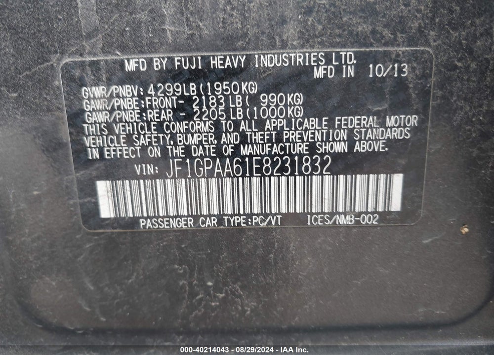 2014 SUBARU IMPREZA 2.0I VIN: JF1GPAA61E8231832