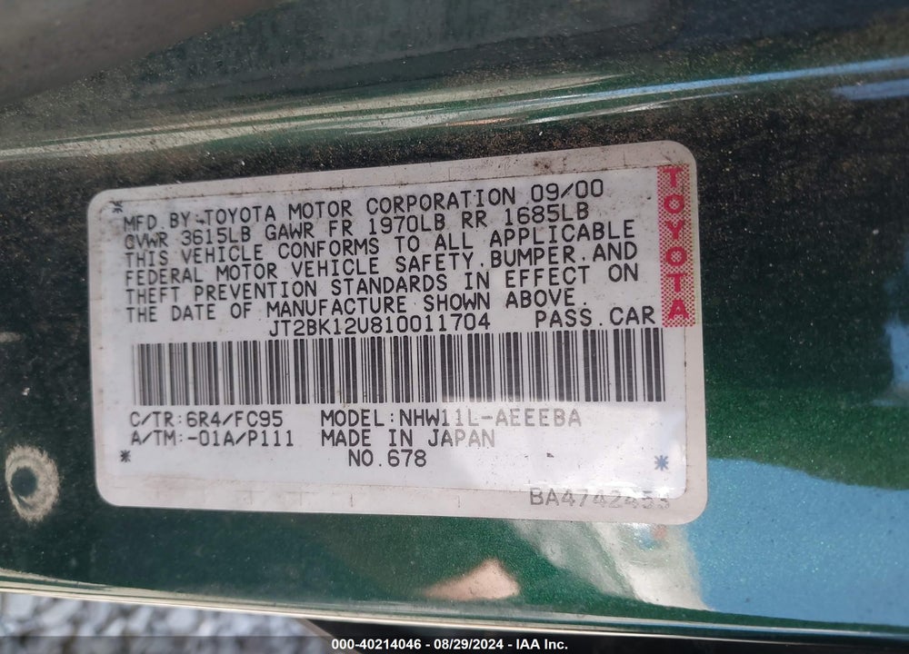 2001 TOYOTA PRIUS VIN: JT2BK12U810011704