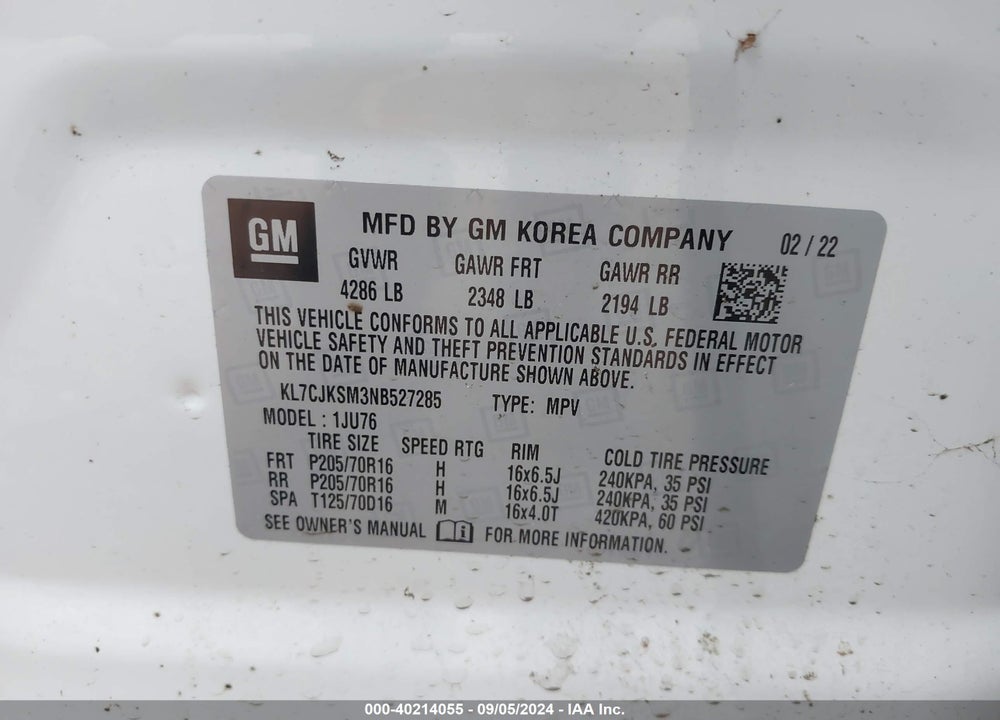 2022 CHEVROLET TRAX FWD LS VIN: KL7CJKSM3NB527285