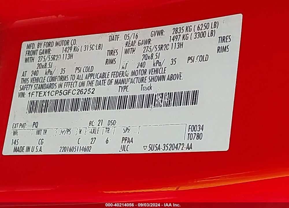 2016 FORD F-150 XL VIN: 1FTEX1CP5GFC26252