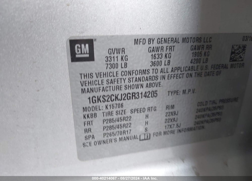 2016 GMC YUKON DENALI VIN: 1GKS2CKJ2GR314205