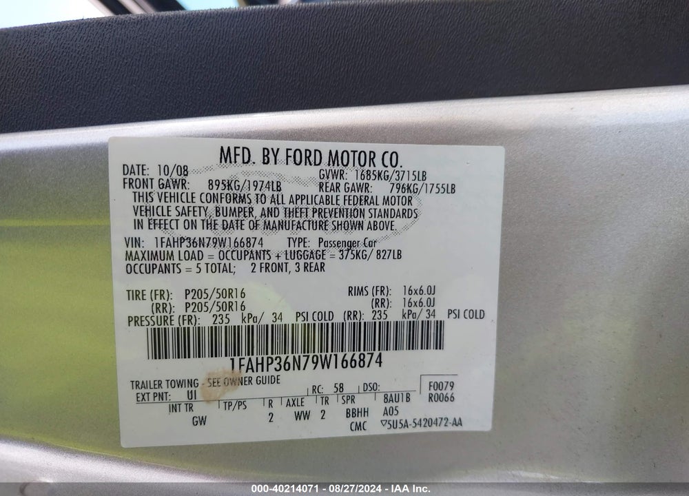 2009 FORD FOCUS SES VIN: 1FAHP36N79W166874