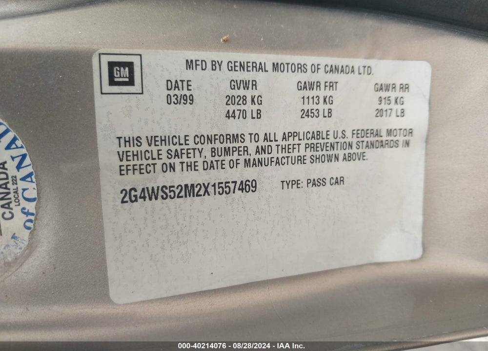 1999 BUICK CENTURY CUSTOM VIN: 2G4WS52M2X1557469