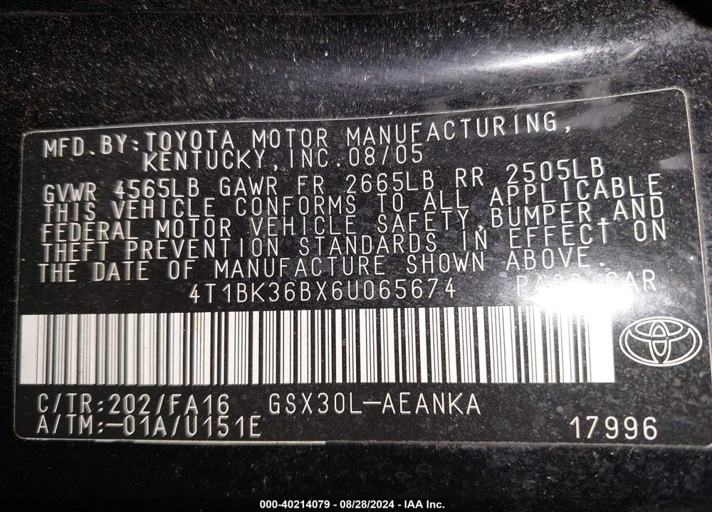 2006 TOYOTA AVALON XL VIN: 4T1BK36BX6U065674