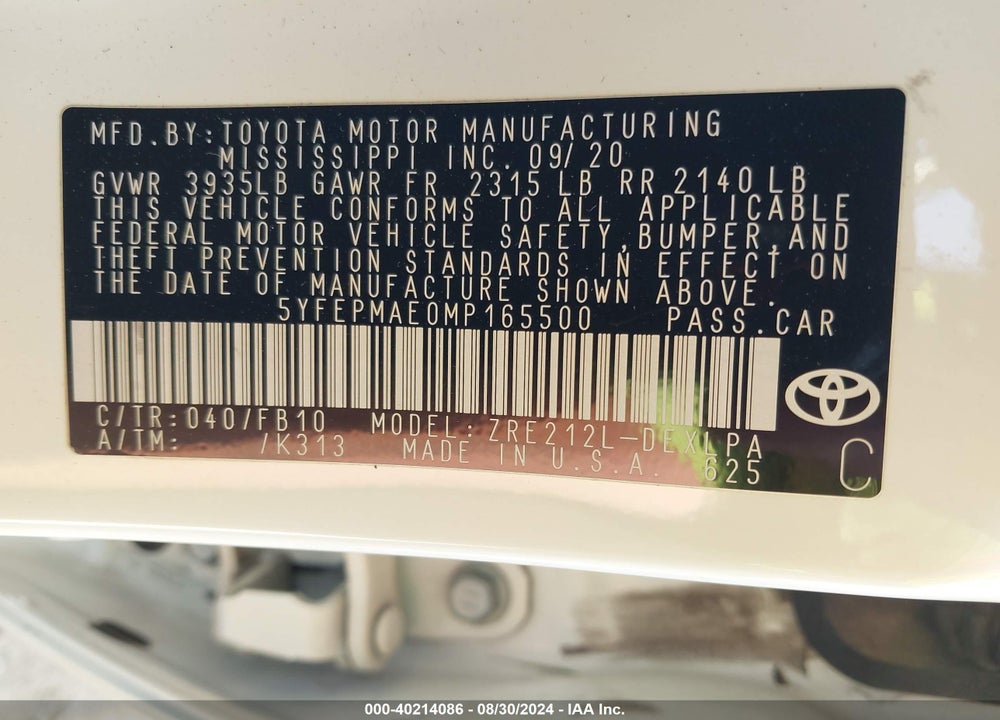 2021 TOYOTA COROLLA LE VIN: 5YFEPMAE0MP165500