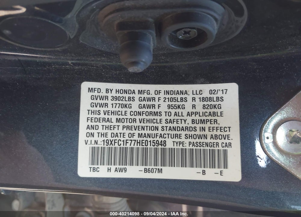 2017 HONDA CIVIC EX-L VIN: 19XFC1F77HE015948