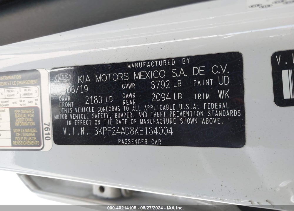 2019 KIA FORTE LXS VIN: 3KPF24AD8KE134004