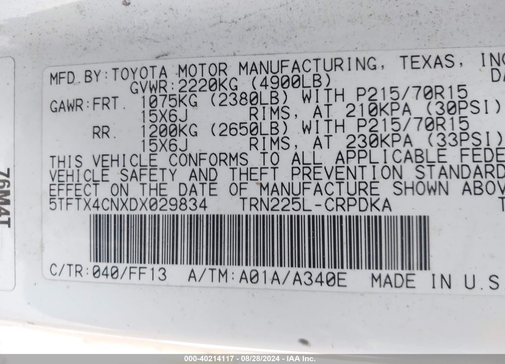 2013 TOYOTA TACOMA VIN: 5TFTX4CNXDX029834