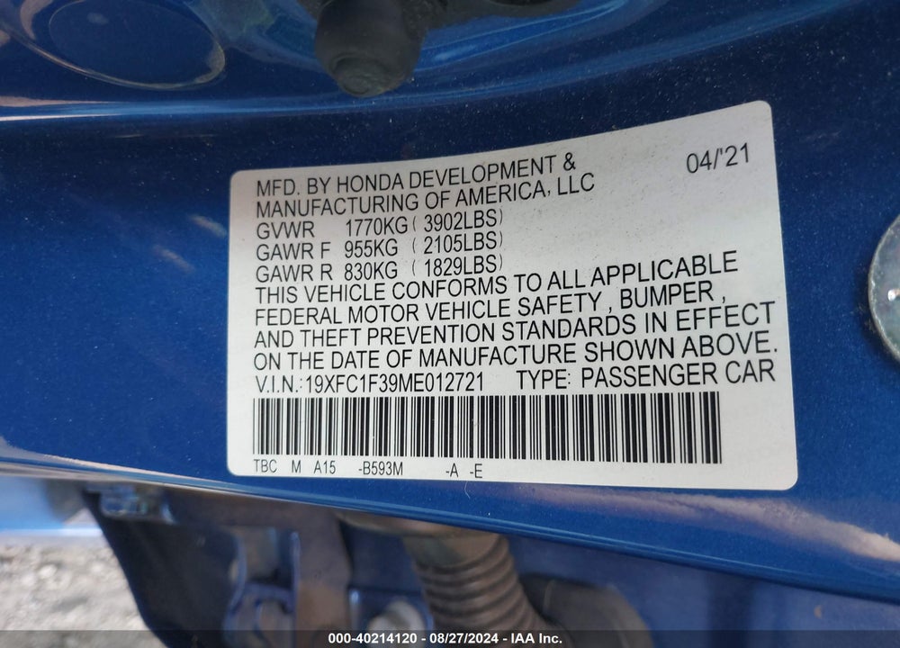 2021 HONDA CIVIC VIN: 19XFC1F39ME012721