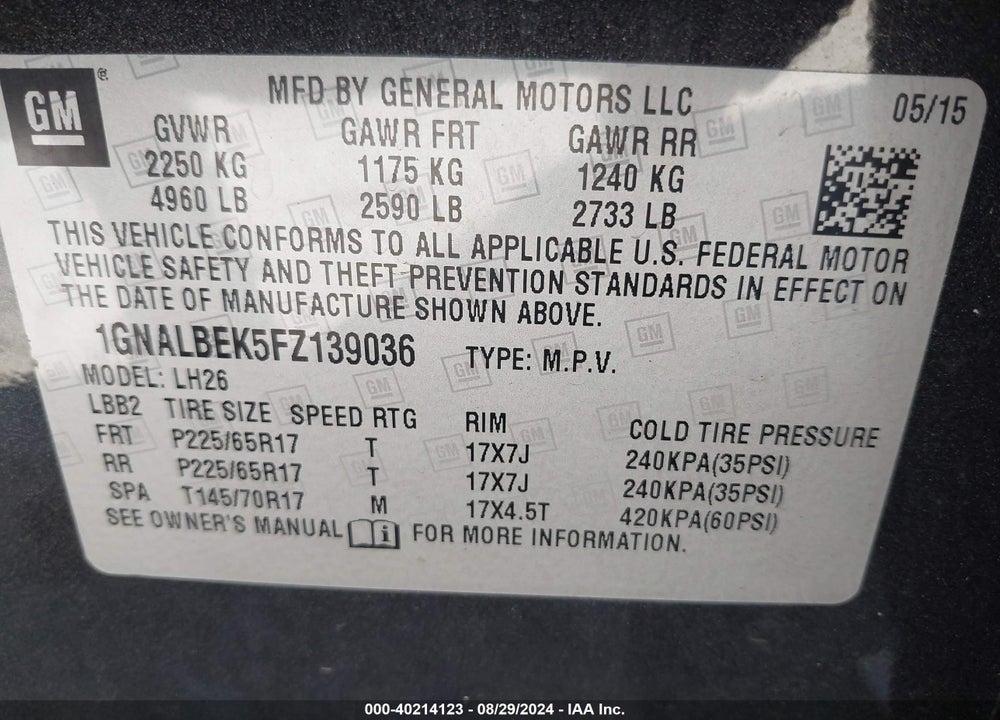 2015 CHEVROLET EQUINOX 1LT VIN: 1GNALBEK5FZ139036