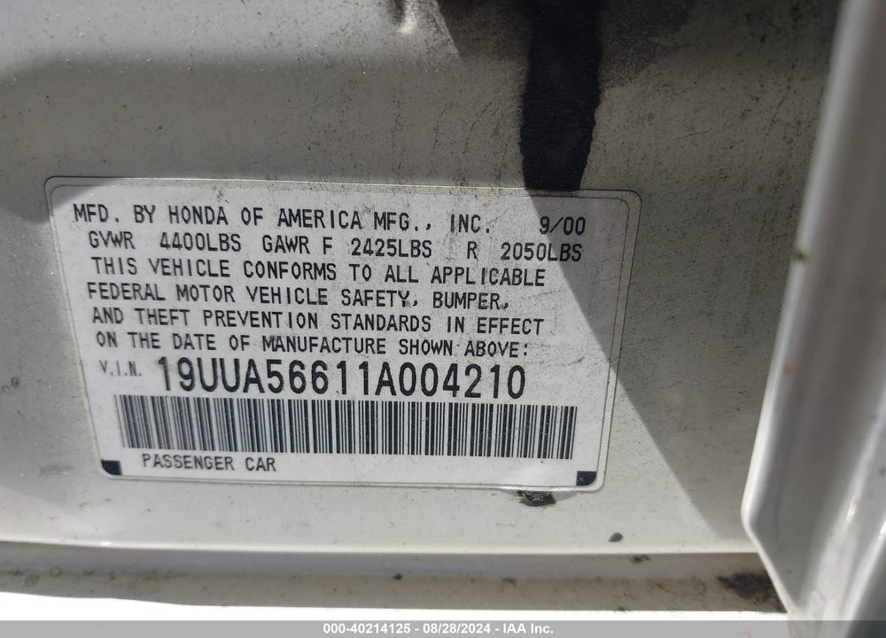 2001 ACURA TL 3.2 VIN: 19UUA56611A004210