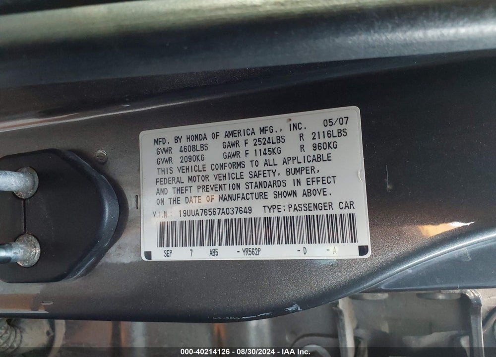 2007 ACURA TL TYPE S VIN: 19UUA76567A037649