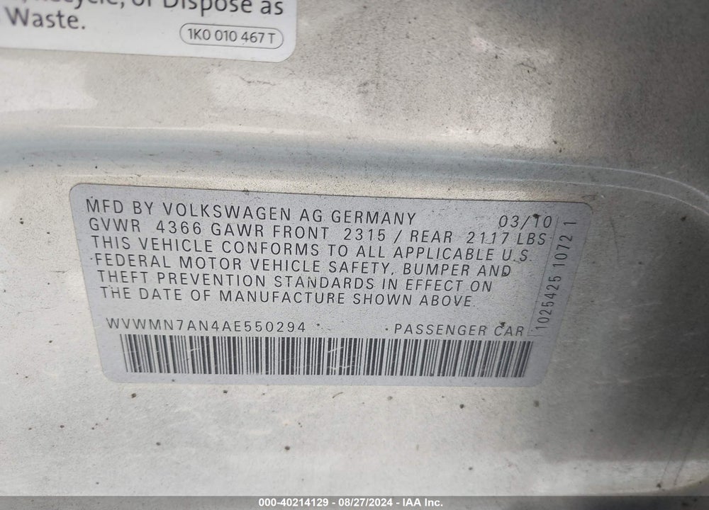 2010 VOLKSWAGEN CC VIN: WVWMN7AN4AE550294