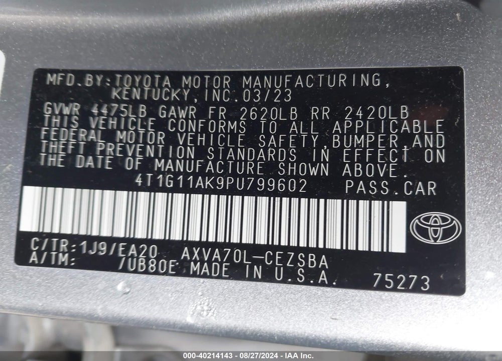 2023 TOYOTA CAMRY SE VIN: 4T1G11AK9PU799602