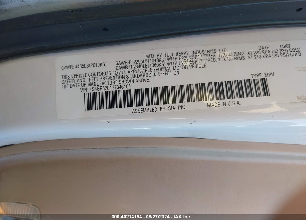 2007 SUBARU LEGACY 2.5I LIMITED/2.5I LIMITED L.L. BEAN EDITION VIN: 4S4BP62C177346165