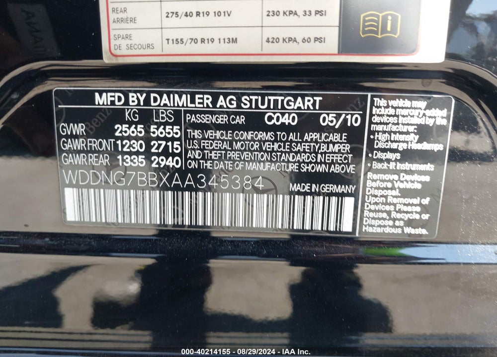 2010 MERCEDES-BENZ S 550 VIN: WDDNG7BBXAA345384