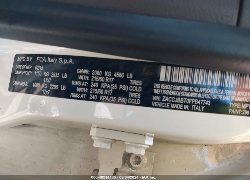 2015 JEEP RENEGADE LATITUDE VIN: ZACCJBBT0FPB47743
