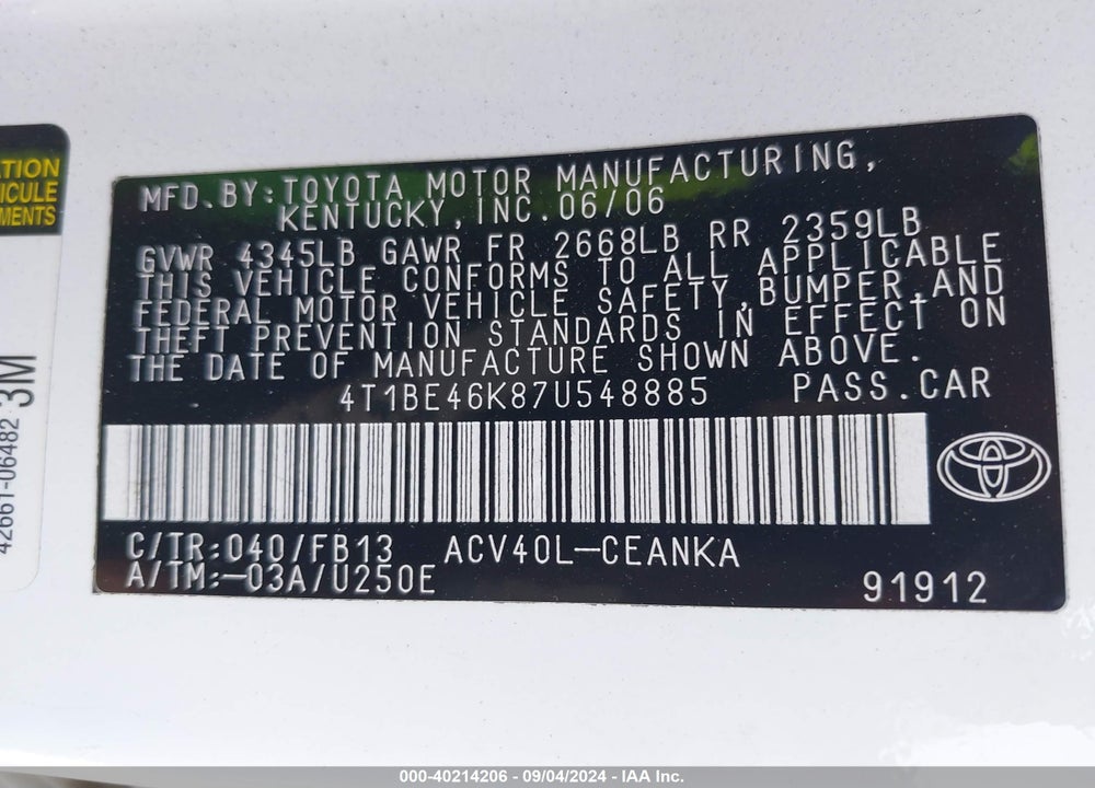 2007 TOYOTA CAMRY LE VIN: 4T1BE46K87U548885