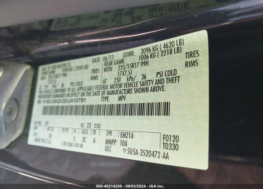 2014 FORD ESCAPE SE VIN: 1FMCU0GX3EUA10781