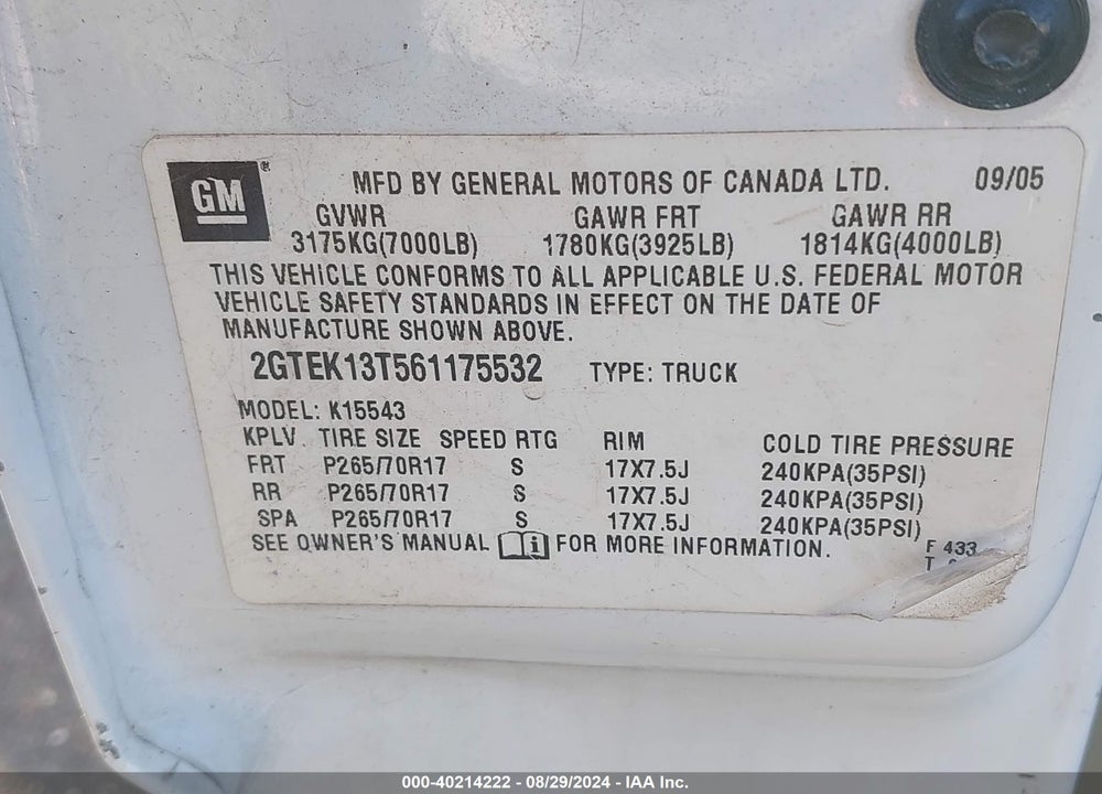 2006 GMC SIERRA 1500 SLT VIN: 2GTEK13T561175532